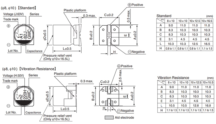 Mechanical Drawing - Nichicon GWC Hybrid Aluminum Electrolytic Capacitors